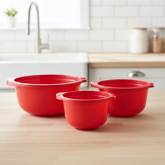 Vintage Rosti Denmark Red Mixing Bowls Set of 3 Lightweight 1980s Erik Lehmann - Picture 1 of 14